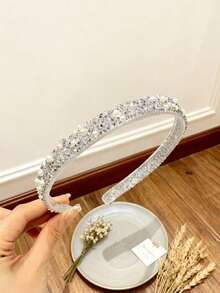 1pc Sparkling Gold Headpiece, Chain Hair Hoop, Sweet & Versatile For Going Out, Birthday, Bangs Styling, Elegant Resin Rhinestone Hair Accessory, Valentine's Day Gift, Birthday Gift - White Pearls - View 2