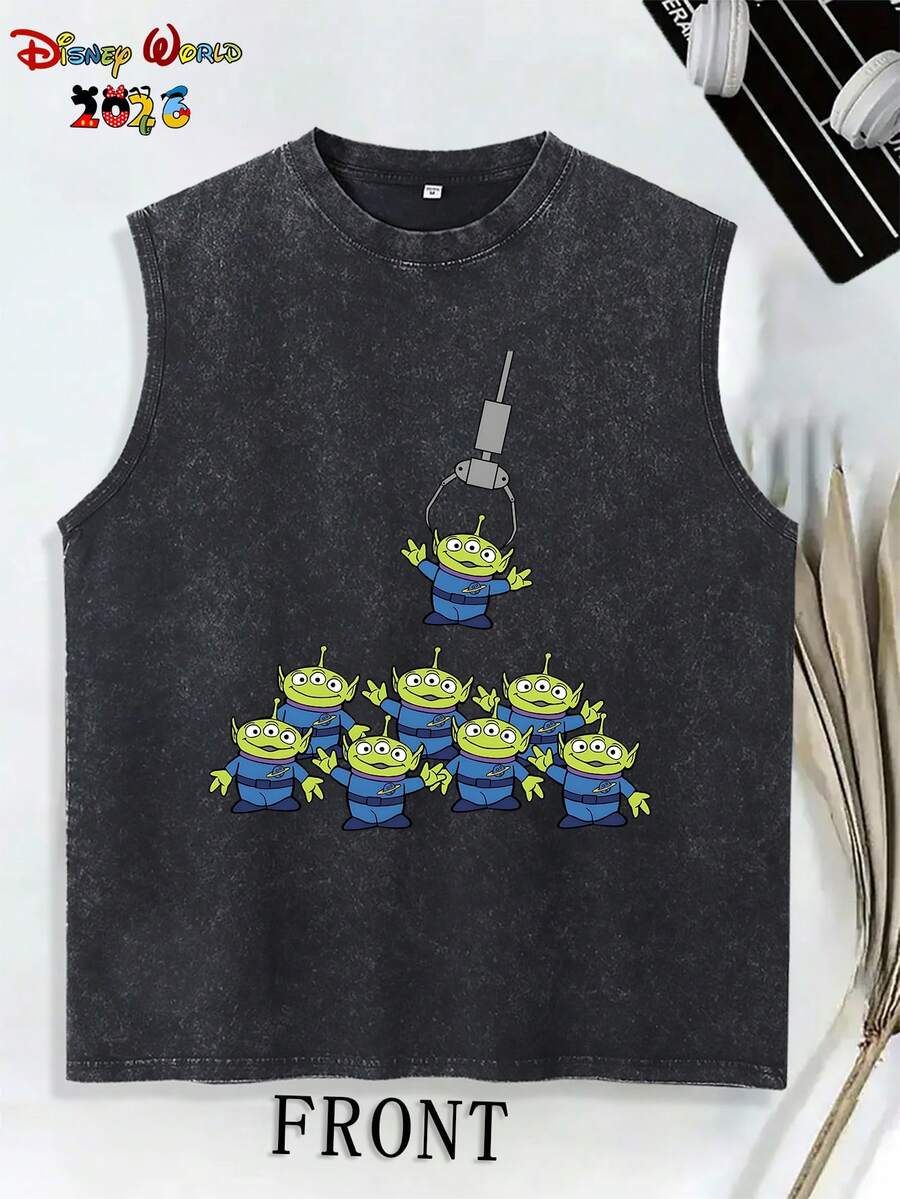 Authorized By Disney, Disney Toy Story Alien Sleeveless T-Shirt | Vintage Washed Black Old Loose Vest Is The Same For Men And Women, Suitable For Everyday Street Wear And Necessary In Summer. This Is A Gift For Disney Lovers. - 黑色 - 查看 1