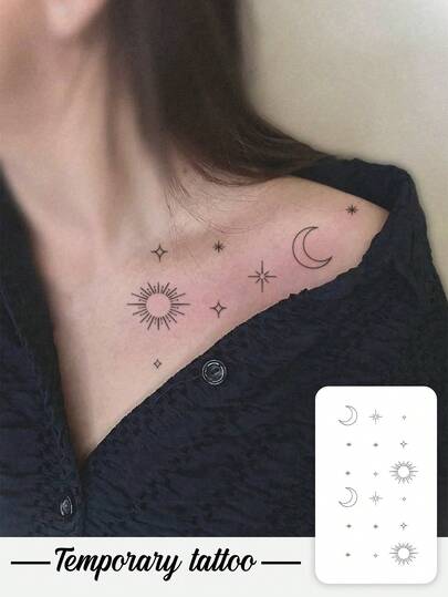 一款简约星月图案的临时纹身贴纸。防水、防汗、可水洗、不反光。适用于手臂和肩膀纹身，非常适合个人使用。可持续3-5天。