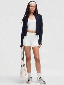 Lululemon Define Cropped Jacket Nulu Black Mirror Silver -For Yoga Gym Running-Sweat-Yoga-All Seasons Sport-Spring/Summer-Autumn/Winter-Back To School - Black Mirror Silver Mirror - 查看 2