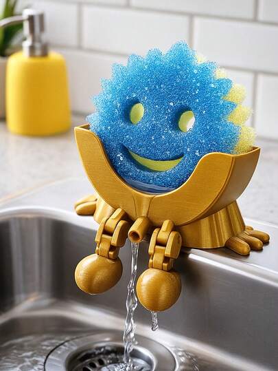 趣味晾干架。可爱有趣的沥水表情海绵架。趣味皂碟。带沥水孔的收纳架。新颖创意设计。3D打印洗碗海绵收纳架。厨房水槽旁台面收纳架，浴室皂盒。家用清洁工具塑料支架。
