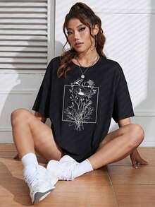 Camiseta con estampado floral, cuello caído, gráficos, tops para mujeres - Negro - Ver 7