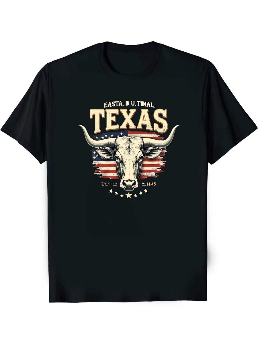 Camiseta de algodón de 180g de peso pesadodehombreconlabanderadeTexasyellogotipodeellosLonghorns-Camisetadealgodónnegrademangacortaycuelloredondo,conundiseñodelemblemadelestadodeTexas,adecuadaparausocasualesveranoalairelibrequeencarnaelestilodeTexasyelorgulloEstadounidenselavableamáquina. Adecuado para desplazamientos diarios, salidas informales, versátil para uso doméstico y paseos al aire libre. Sencillo y versátil, estilo de nicho moderno, la primera opción para parejas. - Negro - Ver 1