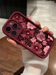 酒红色花卉图案简约防震TPU手机壳，适用于苹果17、16、15、14、13、12、11 Pro Max、Air及系列机型，国际版，非国内版 - 彩色 - 查看 5