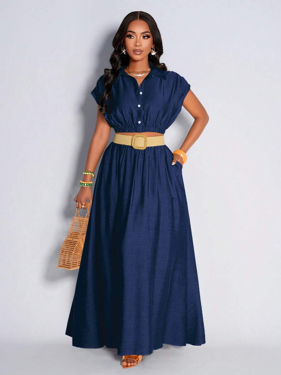 AIJ Amarilo姜黄色无袖露脐上衣搭配优雅半裙，休闲时尚风格，适合小型聚会、通勤和日常生活；优雅女士风，最新春夏女士简约套装 - 寶藍色 - 查看 1