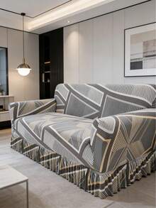 1pc Printed Ruffled Elastic Sofa Cover, Machine Washable, Protects Sofa, Dust & Dirt Resistant, Suitable For All Seasons - Grey - View 4