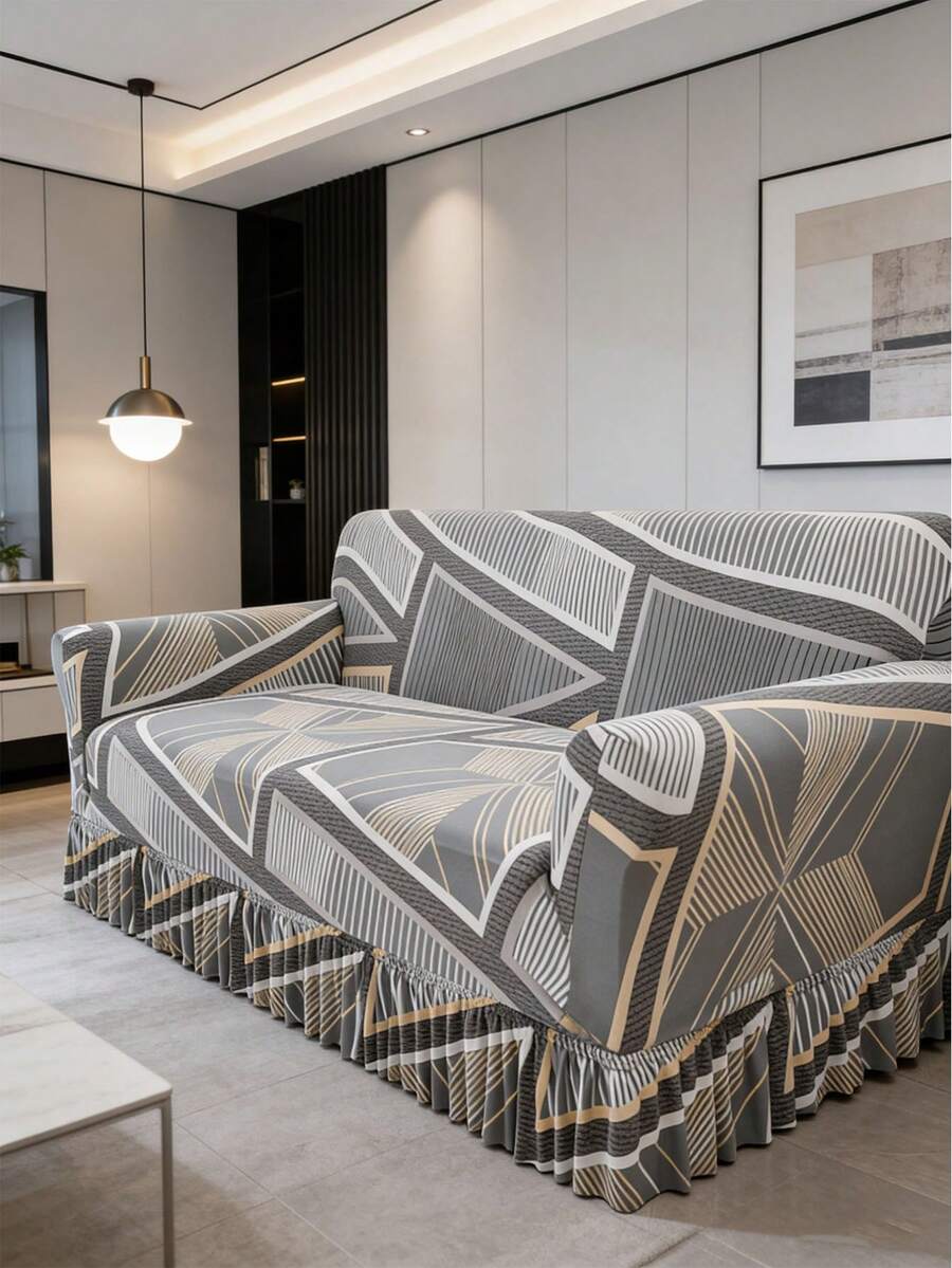 1pc Printed Ruffled Elastic Sofa Cover, Machine Washable, Protects Sofa, Dust & Dirt Resistant, Suitable For All Seasons - Grey - View 1