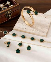 1 Set Jewelry For Women Includes 1 Necklace With Clover Pendant, 1 Bracelet, 1 Pair Of Earrings, 1 Ring, 1 Bangle - 綠色 - 查看 9
