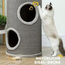Griffoir en forme de tonneau, 60 cm de haut, Ø 35 cm, à deux étages avec 2 niches, bord en peluche, pour 1 à 2 chats jusqu'à 5 kg, gris clair - Gris pâle - Voir 4