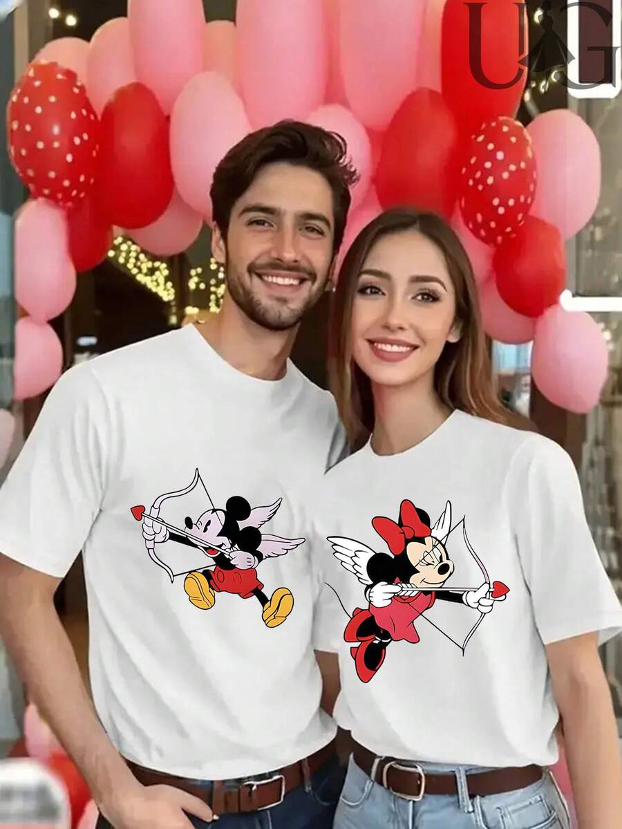 Disney Mickey And Minnie Heartfelt Kiss Shirts Are Officially Licensed Disney Printed Couple Short-Sleeve T-Shirts, Making Them A Great Gift Choice For Stylish Casual Wear In Spring And Summer - 女士白色 - 查看 1