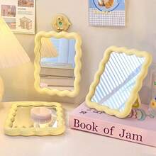 Wave Shaped Portable Folding Makeup Mirror 6.7X5.3 Inch Cute Standing Hanging Vanity Mirror Lightweight Travel Friendly Desk Mirror For Home Decoration Daily Makeup Yellow - trắng - Xem 3