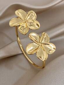 18K Gold Plated Stainless Steel Vintage Elegant Flower Open Bangle Bracelet Set, Women's Bangles, For Women Ladies, Gifts For Mom, For Daily Wear, Weddings, Gala, Suitable For Daily Life, Parties, Dates, Beach, Mother's Day Gift, Valentine's Day Gifts, Spring, Wedding Supplies, Summer Accessories - Multicolor - View 8
