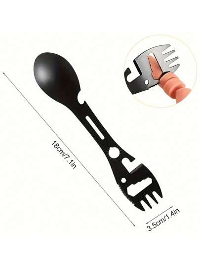 ملعقة متعددة الوظائف من الفولاذ المقاوم للصدأ - تصميم مدمج مع فتاحة زجاجات، سكين مسننة، ربما، ومؤشر ، مناسبة للتخييم والرحلات والنزهات والتنزه - طلاء أسود. معدات خارجية | أداة متعددة الوظائف