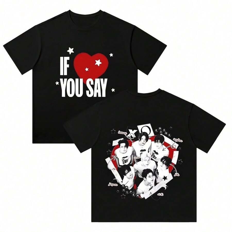 ENHYPENs IF YOU SAY T-Shirt Cotton Retro Unisex Wash T-Shirt Hip-Hop Short Sleeved T-Shirt Street Wear - màu đen - Xem 1