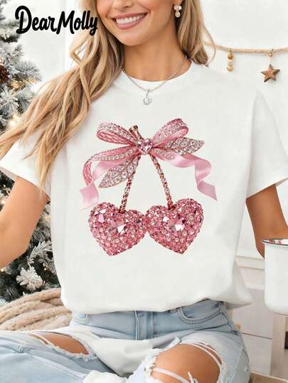 LOVE MOLLY Valentine's Day Cherry Rhinestone Glitter Print Short Sleeve T-Shirt, Retro Funny Valentine's Day Crew Neck Top, Casual Everyday Wear Gift For Her