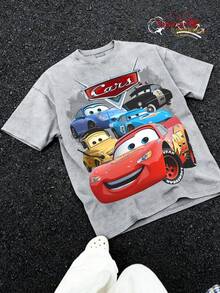Disney Cars Character Group Photo Graphic T-Shirt, Summer Vintage Washed 230g Heavyweight Short Sleeve - 灰色 - 查看 1