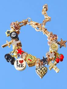 1 chiếc vòng tay quyến rũ hình quả anh đào đỏ dễ thương, vòng tay hình cô gái ngôi sao họa tiết da báo, vòng tay đen 8 bóng, vòng tay hình ngôi sao chữ thập, vòng tay lễ hội âm nhạc Punk - Vàng - Xem 16