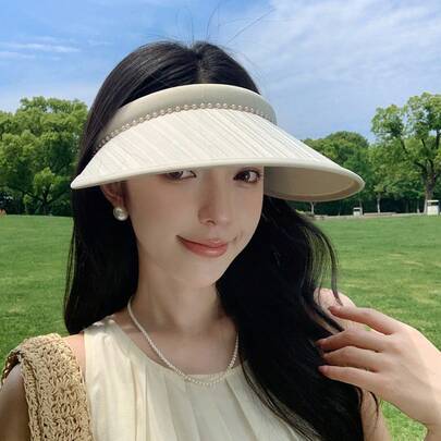 Women's Pearl Sun Hat, Sweet Japanese-Style Sun Protection Hat For Summer Outdoor Travel, Makes Face Look Smaller, With Headband, UV Protection Function