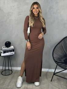 Women's Midi Long Dress With Slit And Long Sleeves - Versatile, Casual, Elegant, And Non-Transparent - 鏽棕色 - 查看 2