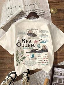 Camiseta de manga corta casual de cuello redondo con gráfico de biología de nutria marina vintage para el verano - Blanco - Ver 3