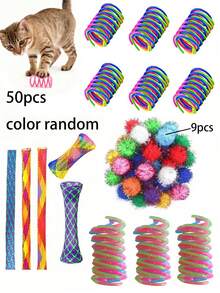Cat Self-Entertainment Toy Set - Cat Spring + Glow-In-The-Dark Cat Spring + Glitter Ball + Spring Tunnel, Cat Boredom Relief & Teeth Grinding Chew Toys - Multicolor - View 7