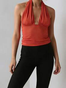Camisetas sin mangas para mujer, color liso, cuello halter, chalecos casuales, moda de verano, camisetas sin mangas, estilo streetwear - Rojo - Ver 4