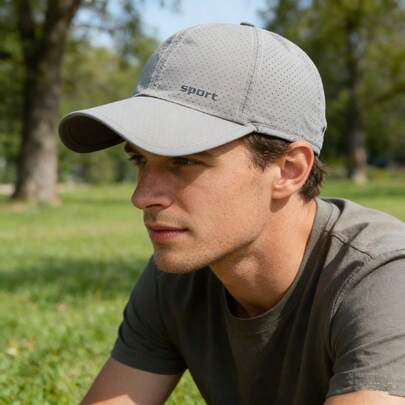 1顶纯色休闲涤纶透气速干帽檐帽，夏季百搭薄款棒球帽