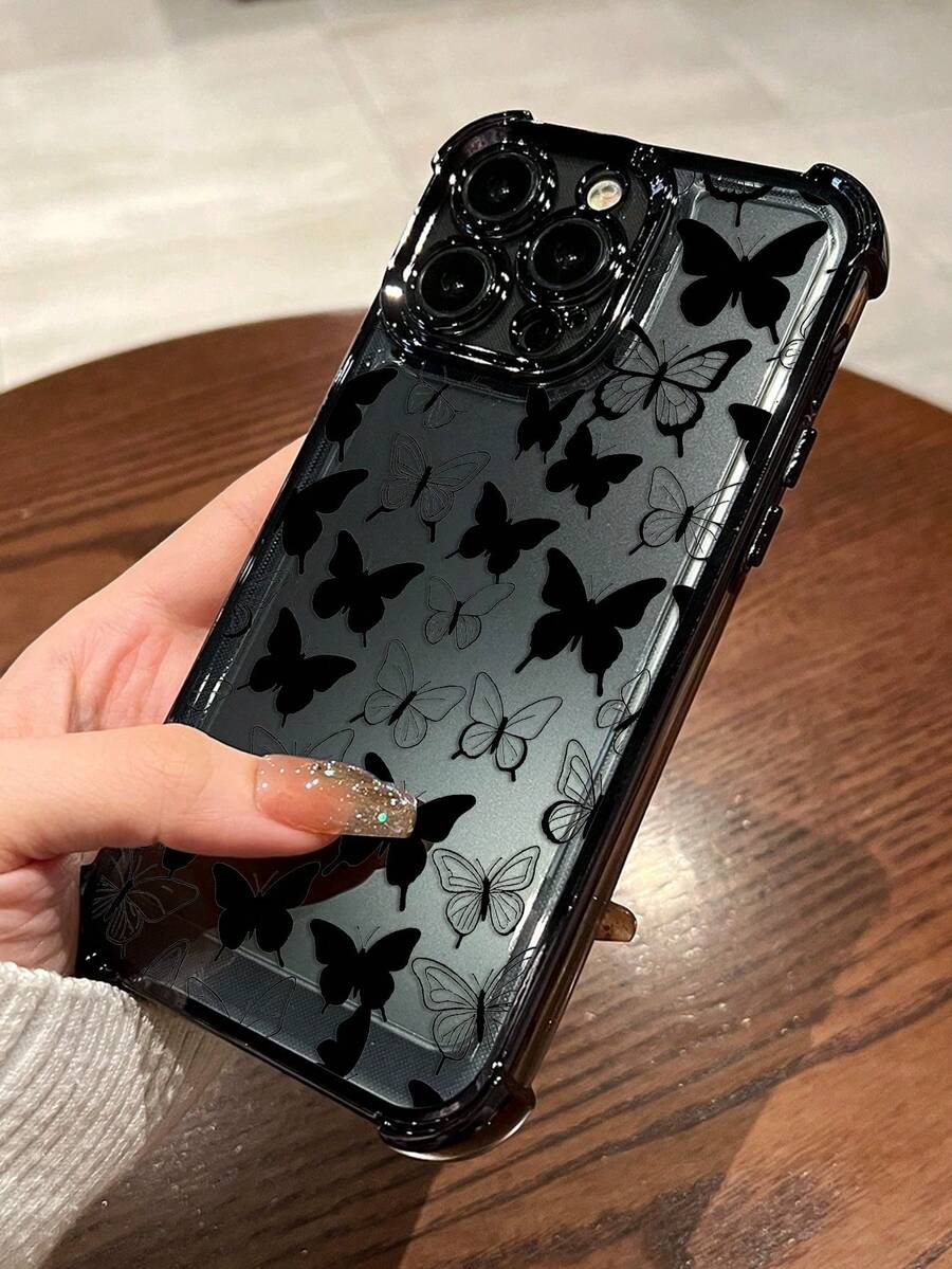 Black Electroplated Anti-Drop Phone Case With Transparent Soft TPU Butterfly Pattern, Compatible With IPhone 17/17e/17 Pro/17 Pro Max/16/16 Pro/16 Plus, Minimalist Fashion Shock-Proof Protective Cover, Suitable For Personal Use Or Gift - Black - View 1