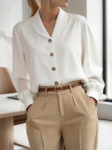 HOMEYEE New Arrival Solid Color Retro Single-Breasted V-Neck Long Sleeve Casual Shirt, Office & Business Wear For Women White - White - View 8
