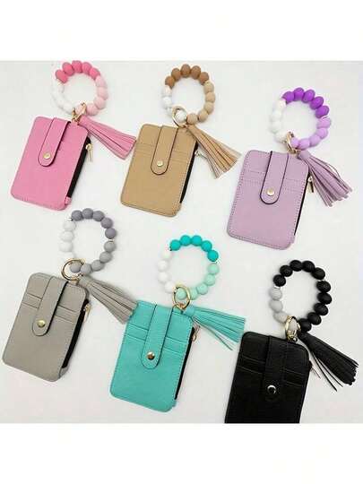 Stylish Beaded Wristlet Wallet - Silicone Bead Bracelet Keychain With PU Leather Card Holder & Tassel