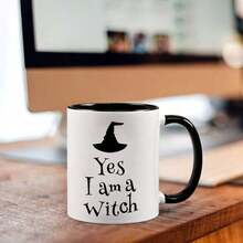 1个“我是女巫”陶瓷马克杯 - 万圣节主题女巫帽图案马克杯，黑白高对比度设计，符合人体工学的手柄 - 送给女巫、年轻人、万圣节派对和庆祝活动的完美礼物，节日饮具 | 主题陶瓷马克杯 | 黑白咖啡杯 - 粉色 - 查看 8