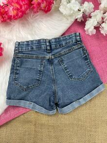 Girls' Denim Shorts With Internal Adjustment, Adjustable Waist, Folded Hem, Comfortable, Children's Fashion. - 中等水洗藍 - 查看 2