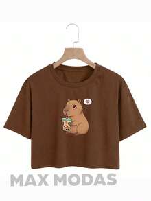Cropped Camiseta Feminina Capivara Milk Top Passeio Academia - Marrom - Visão 1