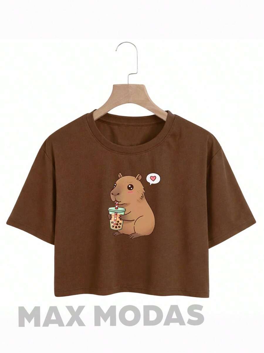Cropped Camiseta Feminina Capivara Milk Top Passeio Academia - Marrom - Visão 1