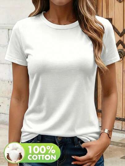 女士纯色棉质圆领短袖休闲T恤，基础款上衣，白色T恤，夏季穿搭，女士度假穿搭，女士春季穿搭，上衣
