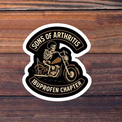 1/3/5Pcs"SONS OF ARTHRITIS" "IBUPROFEN CHAPTER" 3 Inch Vinyl Sticker Biker Parody Patch Decal, Waterproof Die Cut; For Laptop, Water Bottle, Tumbler, Phone Case, Tablet, Toolbox, Garage Cabinet, Car Window, Helmet Case, Cooler; For Riders, Mechanics, Gen X Adults, Office Workers, Meme Collectors; Humorous Sticker, Meme Sticker, Parody Sticker, Retro Sticker, Biker Sticker