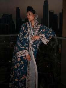 两件套印花开衫长袍套装，含头巾，中东迪拜风格，春季度假外套 - 藍色 - 查看 3