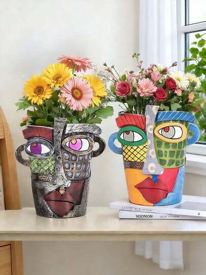 1pc A Colorful Artistic Abstract Resin Flowerpot With Facial Head Shape, Balcony Succulent Green Plant Flowerpot Decoration