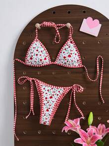 Conjunto de bikini reversible con estampado de cuadros y bloques de color floral lindo, estilo de vacaciones de playa de moda para niñas - Rojo y blanco - Ver 8