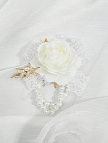 1pc/2pcs Elegant Ivory Rose Flower With Lace Trim, Beaded Faux Pearl Elastic Wristband & Brooch, Suitable For Bride, Groom, Bridesmaids, Mothers, Grandmothers, Girls For Weddings, Balls, Parties, Engagement Decorations,Summer,Beach - White - View 7