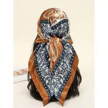 1PC Women's Red & White Paisley Printed Bandana, 90CM Large Satin Square Scarf, Silk-Feel Hair Wrap, Stylish Headscarf For Women, Elegant Hair Accessory For Casual & Formal Wear - 海軍藍 - 查看 8