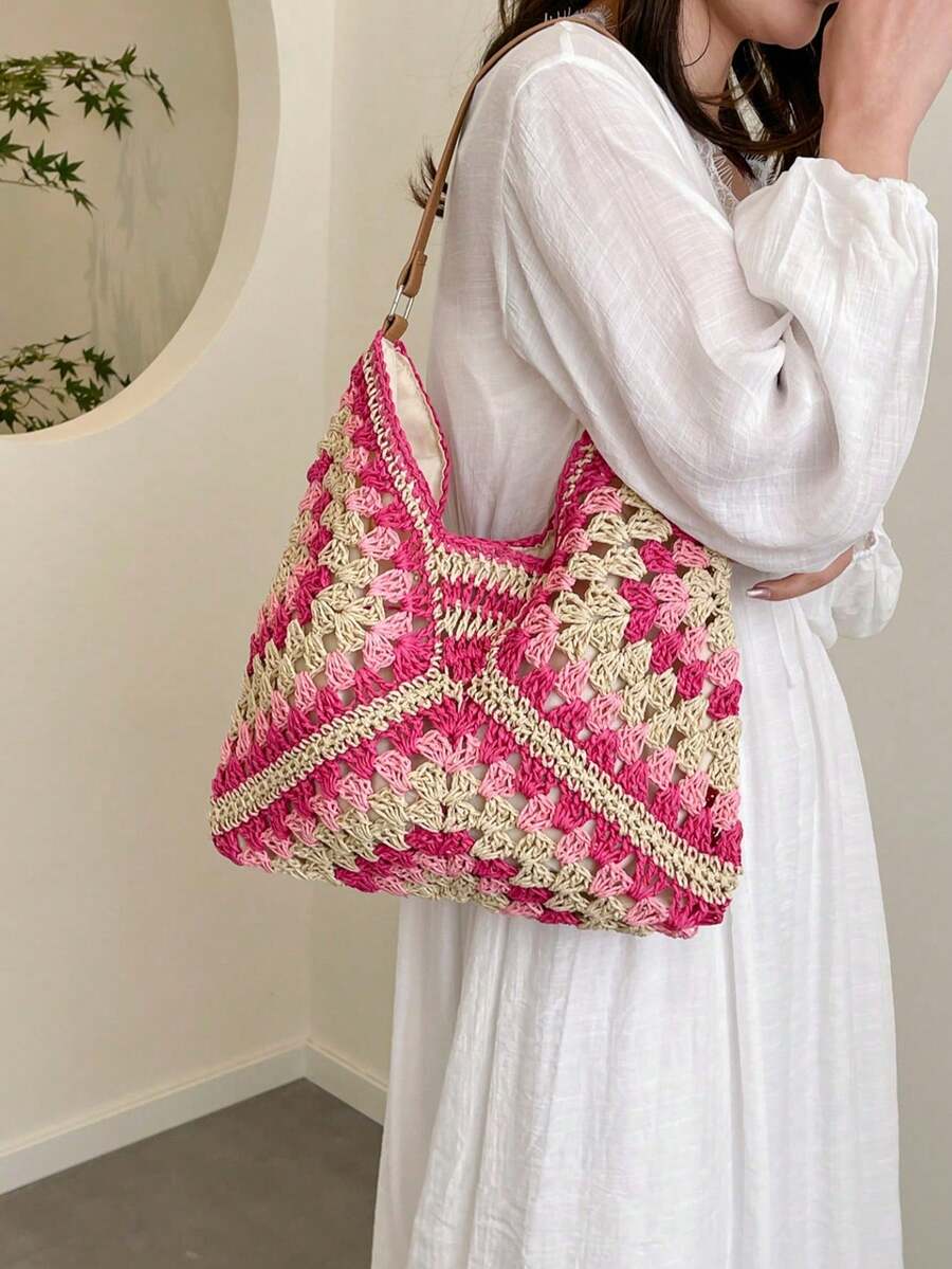 Dedoo Túi xách cỡ lớn dệt thủ công kiểu bà ngoại kẻ caro dành cho phụ nữ