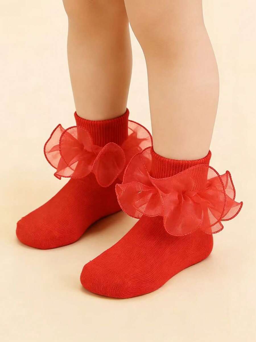 1双女童/幼儿公主荷叶边袜，红色 - 紅色 - 查看 1