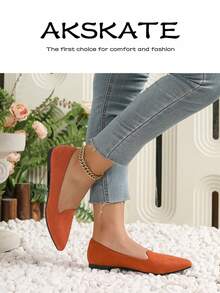 Women's Pointed Toe Flat Shoes, V-Cut Vamp Slip On Casual Dress Flats, Soft Padded Insole Anti-Slip Outsole, Multi Bright & Classic Solid Color Options, Comfortable Everyday Footwear For Office Work Daily Commute Shopping Weekend Outings - 橘色 - 查看 3