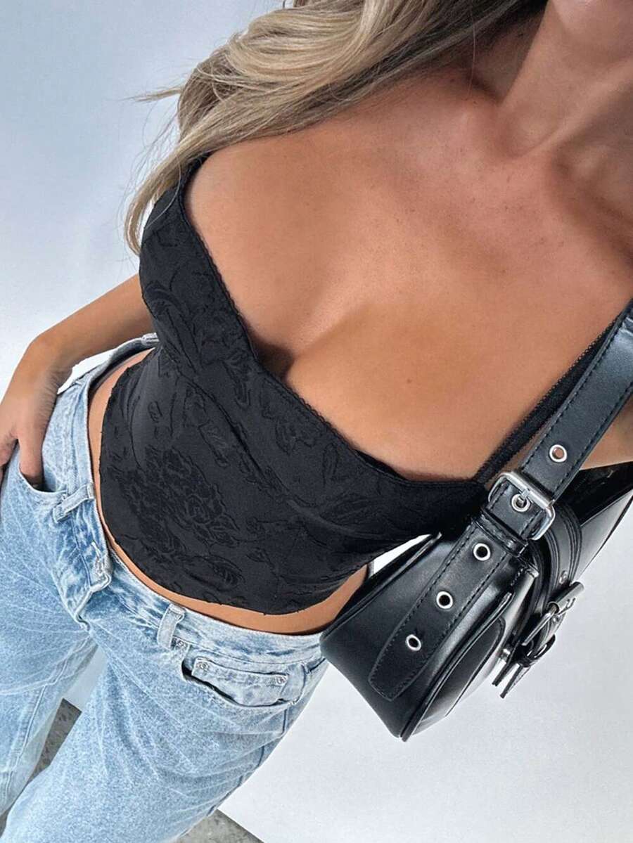 女士夏季休闲时尚性感编织吊带上衣 - 黑色 - 查看 1