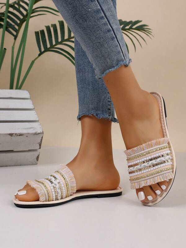 Beaded Fringe Slide Sandals For Teens - Embroidered Boho Flat Slippers, Summer Shoes