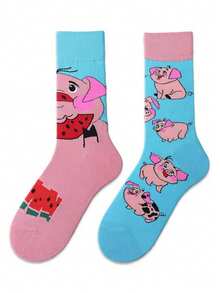 1 双男女通用 AB 设计不对称街头个性卡通创意中筒袜，百搭 45 - 彩色 - 查看 4