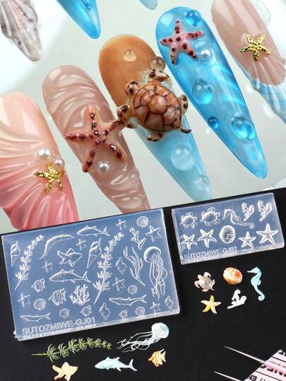 1/2pcs Ocean Jellyfish, Blue Whale, Dolphin, Starfish, Shell Nail Art Silicone Mold, Embossed Blue Whale, Shark, Coral, Seaweed Nail Template, Summer Holiday Manicure Tool