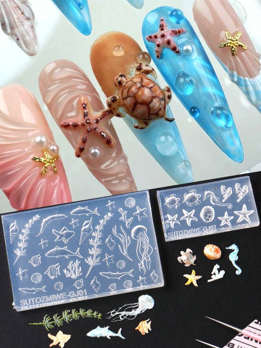 1/2件海洋水母、蓝鲸、海豚、海星、贝壳美甲硅胶模具,浮雕蓝鲸、鲨鱼、珊瑚、海藻美甲模板,夏季假日美甲工具 - 無色 - 查看 1
