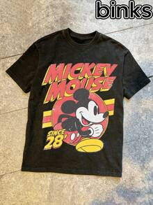 Disney Camiseta de manga corta con estampado de Mickey Mouse corriendo, con estilo lavado retro, transpirable, holgada, casual, adecuada para uso diario en el hogar, top de manga corta para hombres en primavera y verano. - Negro - Ver 3